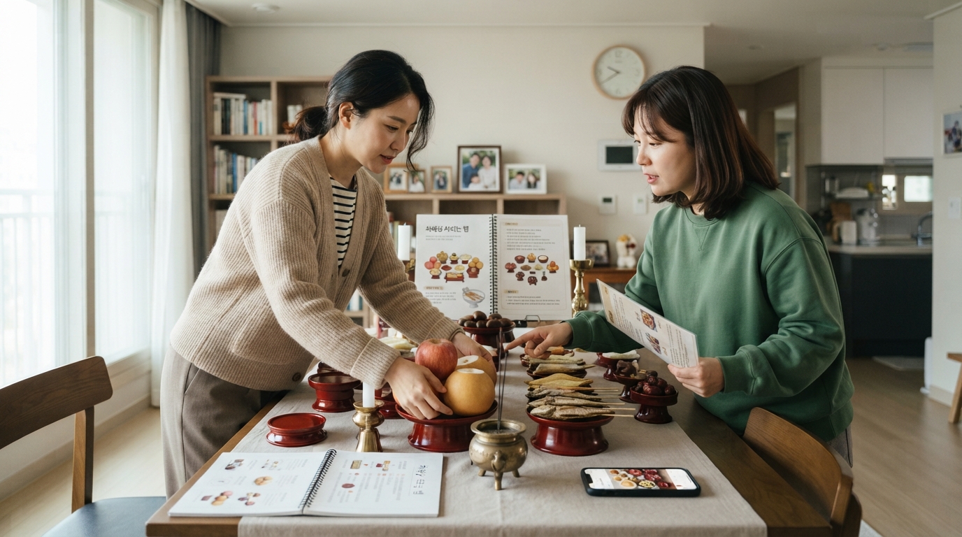 추석 차례상 5열 배치를 위에서 내려다본 구성 도식